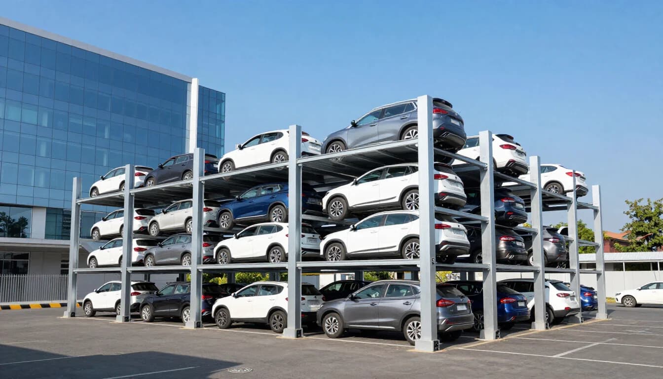 A four-level STACKX MULTIPARK structure fully loaded with vehicles outside a commercial building