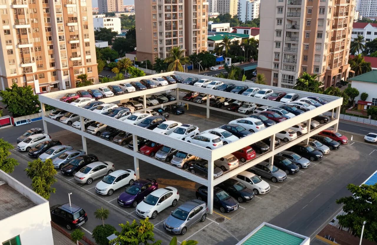 Aerial view of a two-level covered STACKX parking structure fully occupied in a residential setting